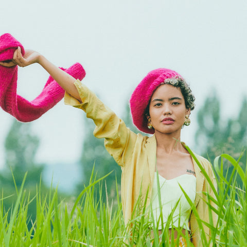 mohair beret / NEON PINK